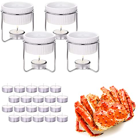 Luvan 4Pcs Chocolate Cheese Fondue Pot Set with 20 Pieces Tealight Candles Butter Warmer for Seafood Lobster Insulated Ceramic Butter Melter Microwave, Oven, Freezer and Dishwasher Safe