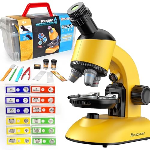 Microscope Kit for Kids - LED 40X-1200X Magnification Science Toy, Slides With Specimens, STEM Kit for Students