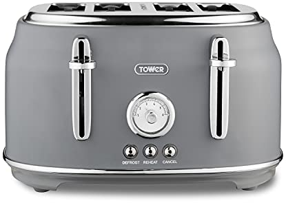 Tower T20065GRY Renaissance 4 Slice Toaster, 7 Browning Levels, Self-Centring Function 1630W, Grey