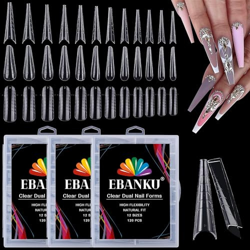 EBANKU 360 st Clear Dual Nail Forms System, 3 Former Dual Nail System Akryl Heltäckande Poly Nagelform Tips för Gel Nail Extension, 12 Storlek med Skala Nails Manikyrverktyg