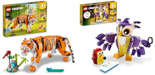 LEGO 31129 Creator Majestätischer Tiger, Panda oder Fisch, 3-in-1 Tierfiguren-Set & 31125 Creator 3-in-1 Wald-Fabelwesen: Hase-Eule-Eichhörnchen, Set mit Tierfiguren zum Bauen, Spielzeug ab 7 Jahre