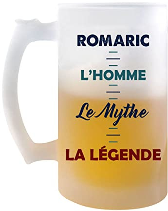 Planetee Chope de bière Romaric Mythe Légende - cadeau idée anniversaire Fête des Pères Humour - Verre givré 470 ml avec poignée Alcool Pinte