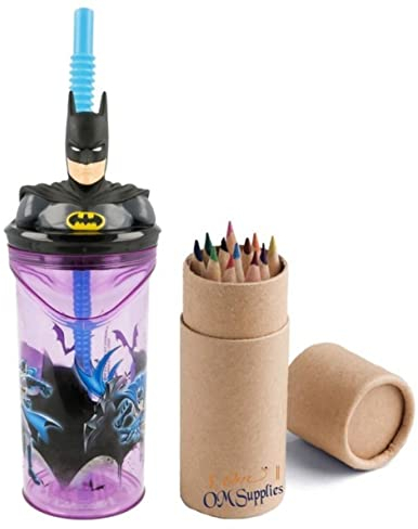 OM SUPPLIES Batman Lot de 12 gobelets réutilisables pour enfants Motif personnages de dessin animé 3D avec paille 23 x 7,5 x 7,5 cm Comprend un ensemble de 12 crayons (Batman)