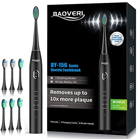 BAOVERI Electric Toothbrush with 8 Brush Heads for Adults&Kids, Ultrasonic Electric Toothbrushes, 5 Modes & 3 Intensity Levels, 2 Minutes Smart Timer, 4 Hours Fast Charge for 60 Days