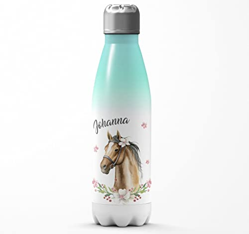 MIKALINO Kinder Trinkflasche Edelstahl 500 ml - Trinkflasche Edelstahl Kinder mit Pferde-Motiv und Namen - Edelstahl Trinkflasche Kinder auslaufsicher - Thermosflasche