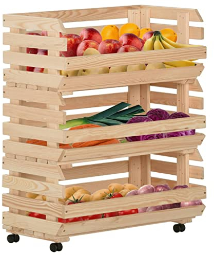 MOONAIRY Gemüsewagen, Holzkiste, Kartoffel Aufbewahrung, Obstkiste, Vorratsschrank, Pfandflaschen Aufbewahrung, Kistenregal, Kisten Aufbewahrung, 77x30x80 cm Massivholz Kiefer