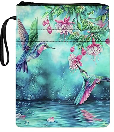 Poceacles Buchumschlag mit Kolibri-Blumenblättern, bedruckt, mit Reißverschluss, Polyester-Schutz für Taschenbücher