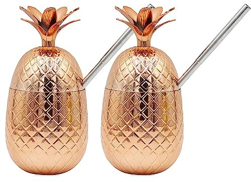 2 Stück Ananas-Strohbecher, Kunststoff und Edelstahl, Trinkbecher mit Strohhalm, Cocktailbecher mit Strohhalm, für Jahrestag, Geburtstag, Party, Dekoration, Zubehör, Kupfer