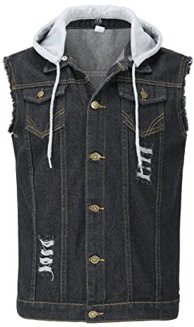 YOUTHUP Gilet Homme en Jeans à Capuche Amovible, Gilet en jeans Vintage déchiré Biker Gilet, Veste en Jean Homme Sans Manches, Gilet Jean Cowboy 2200 Noir, S