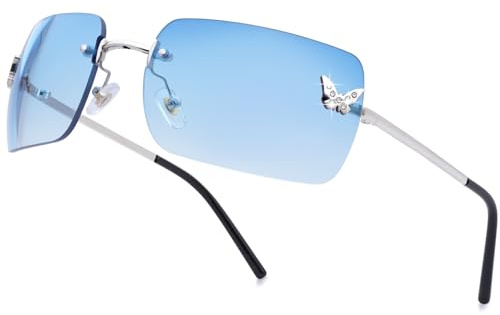 knliwkm Rimless Rectangle Y2k Sunglasses for Women Men Cute Small Frameless Blue Tinted Lens 2000S Fashion Shades with Butterfly