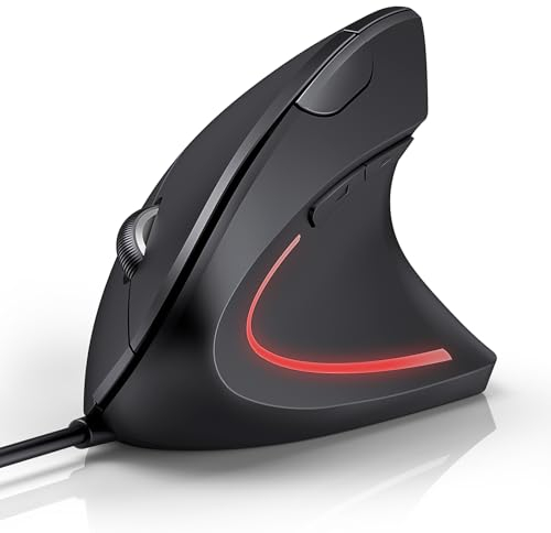 TECKNET Ratón Vertical con Cable, Ratón Ergonómico Silencioso con Cable, 6400DPI 4 Niveles Ajustables, Cable USB de 1,5 m, 6 Botones, para Laptop, Desktop, PC, Macbook (Negro)