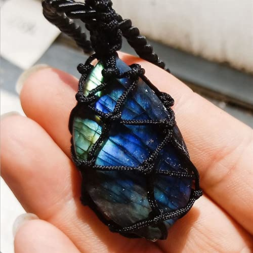 JALYKA Piedra Lunar labradorita Natural, Piedras de Palma pulidas, Colgante de Cristales con luz Azul Brillante, Piedra en Bruto con Cuerda Trenzada de la Fortuna