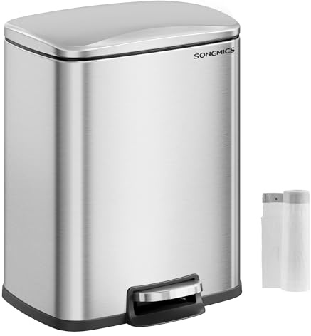 SONGMICS Trash Can, Garbage Can with Lid, 5.2-Gallon (20L) Step Trash Bin for Kitchen, Stainless Steel, Soft Close and Stays Open, Inner Bucket, Includes 15 Trash Bags, Silver ULTB543E01