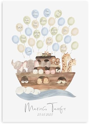 Nastami Gästeposter PERSONALISIERT mit Namen und Datum als Geschenk Taufe (Arche mit Luftballons, DIN A3)