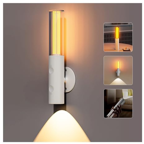 Feallive Wandleuchte Innen, Akku Lampe mit Schalter 3 Helligkeitsstufen Warmes Licht/Warmweißes Licht, Zwei Lichtquellen 360° drehbare, für Wohnzimmer TreppenhausFlur kabellose Wandlampe (Weiß)