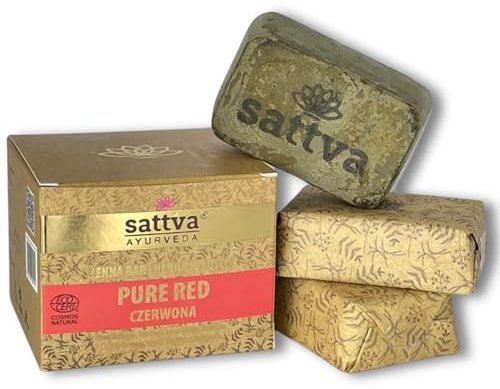Sattva Ayurveda - Naturhaarfarbe in Henna-Block - Revolutionäre Formel mit Ölen, Bio Haarfarbe Rot ECOCERT - Regenerierende Pflanzenhaarfarbe Rot - 3 Blöcke à 80g