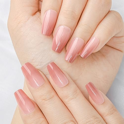 Sethexy Cercueil long Clous à presser Dégradé Pierre à fusil Faux ongles Paillettes Orange nude Faux ongles Faux ongles réutilisables Faux ongles en acrylique pour femmes et filles 24Pcs