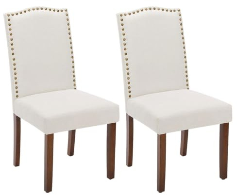 Kitchen Chairs Set of 2 Modern Upholstered Fabric Seat with Nailhead Trim and Ergonomic Lumbar Support for Living Room and Rustic Farmhouse Dining Area, Beige