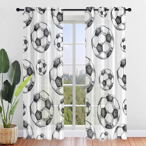 Odot 2er Set Sheer Voile Vorhang mit Ösen, Fußball-Druck Halbtransparent Gardinen Modern Ösenschal Sonnenlichtfilterung für Wohnzimmer Schlafzimmer Kinderzimmer (132x182cm,skizzieren)
