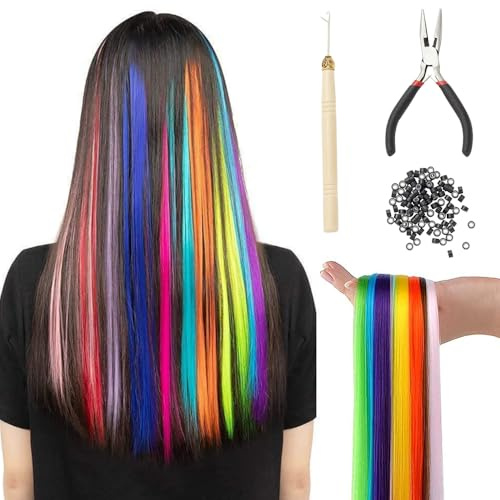 Aweisile Bunte Feder Haarverlängerungs Set 50 Stück Bunte Haarverlängerungs Set Federhaarverlängerungs-Set Synthetisch Haarsträhnen Strähnchen Bunt Gerade Haarteil Haarsträhne Hair Extensions