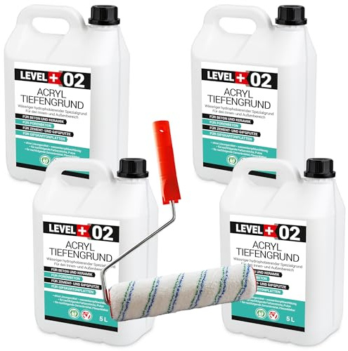 LEVEL PLUS 02 Tiefengrund 20 L Acrylbasis, Schnelltrocknende, gebrauchsfertige Grundierung für Farben, Gips, Putz + Farbroller 25cm mit Bügel Set