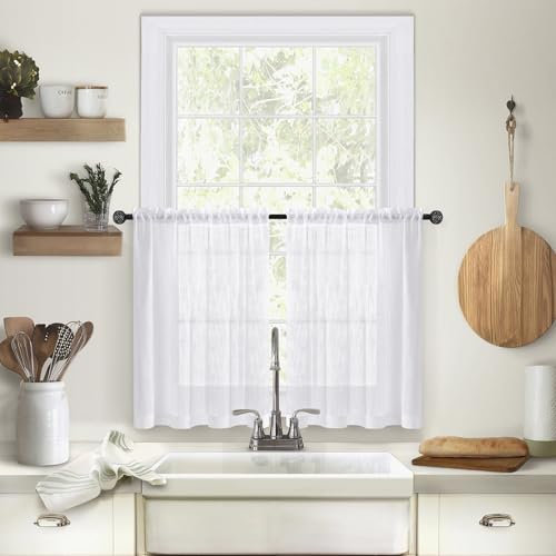Lirzxin Küchenvorhänge, Scheibengardinen Modern Transparent Gardine Stores Einfarbige Leinenstruktur Polyester Fensterschal für Wohnzimmer Bad Landhaus, 63.5x78CM, Weiß, 2er Set