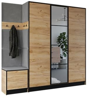 KIER FURNITURE Garderobenschrank Eden 209,6 cm - Modern Flurgarderobe - Flurschrank mit Schuhschrank - Flurgarderoben Set - Garderobe mit Sitzbank Craft Eiche & Grau 209,6 x 205 x 39 cm | Garderobe mit Stauraum für Jacken, Schuhe und Accessoires, praktisch für die Organisation des Flurs