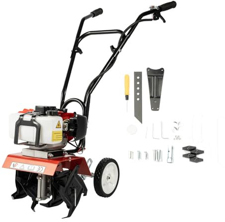 OUBUBY 52CC Garden Petrol Tiller Engine 3HP 2 Strokes Lawn Soil Cultivator Rotovator Engine Lightweight Compact Powerful Sure Grip Handles Built, 30 cm Tilling Width and 12cm Tilling Depth