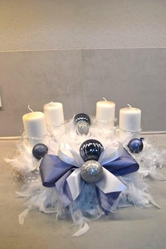 Adventskranz Federn weiß blau 40 cm künstlich Weihnachten Adventsgesteck Deko