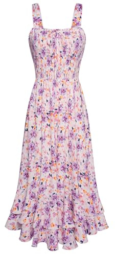 Grace Karin Vestito lungo estivo da donna arricciato con spalline e stampa floreale, scollo quadrato, orlo a doppio strato, S