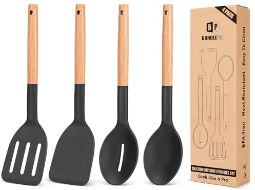 Pack von 4 Silikon Kochgeschirr Set, Antihaft feste Spatel und hitzebeständige geschlitzte Löffel mit Holzgriff, Ideal Holz Küchengeschirr Set zum Braten, Servieren, Drehen, Rühren(Schwarz)