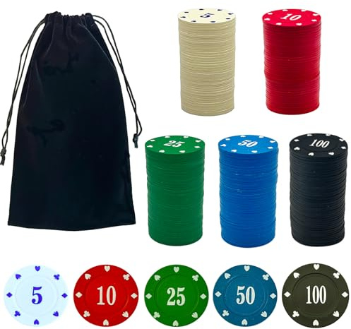 SEETOOOGAMES Casino Poker Chips valörer – 200 st plastpokerchips set med siffror dekorationer för spelande Blackjack Mahjong tema spelnatt