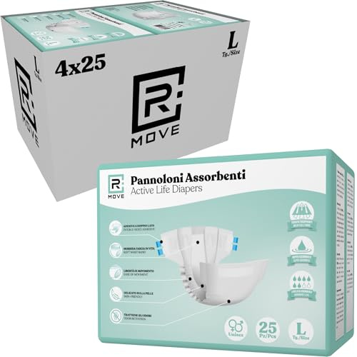 R MOVE 100 Pannoloni per Anziani Taglia L Super Assorbenti per Notte e Incontinenza Adulti, Segnale Pipì, pannolini Traspiranti Unisex Ipoallergenici con Adesivo Fissaggio Sicuro, Fasce Elastiche