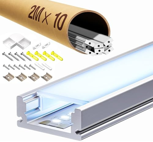 ClarivantiLED LED Profil 2m für 12mm LED-Streifen (10 Stück) – Schiene mit opalem Diffusor für gleichmäßiges Licht – Aluminium Profil zur Montage von LED Strips