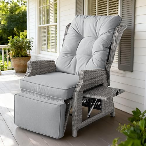 COMLAX FIELD Poltrona da giardino con funzione reclinabile, resistente alle intemperie, poltrona relax regolabile, per interni, sdraio da giardino e poltrona lounge in rattan, grigio chiaro