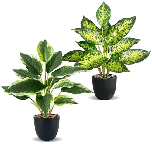 KüNstliche Pflanzen Wie Echt - 2 Stück Künstliche Pflanzen im Topf Zimmerpflanzen, 36cm Plastik Fake Pflanze für Badezimmer Büro Küche Badezimmer Dekoration, Monstera Künstlich & Areca Kunstpalme