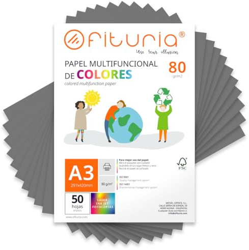 OFITURIA Buntes Papier, 50 Blatt A3 80g – Farbiges Papier für Basteln, Drucker, Scrapbooking – Farbbögen (Grau, 50 Blatt)