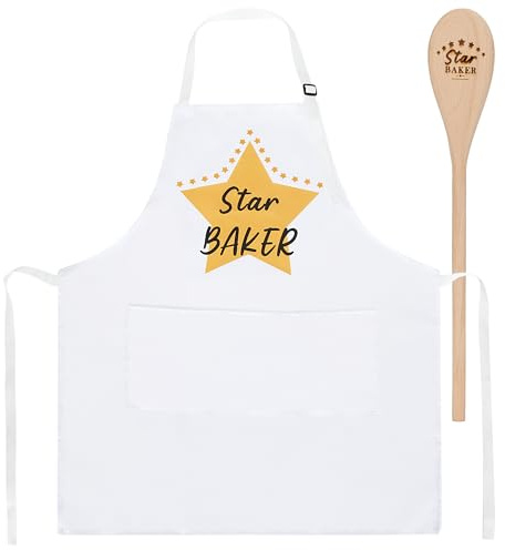 Baker Apron and Wooden Spoon Set - Personalised Kitchen Cooking Aprons for Women and Men, Funny Baking Gifts for Bakers Wife Husband, Chef Cooking Accessories