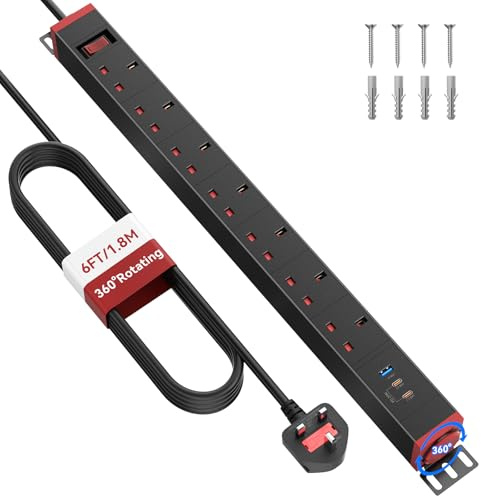 Sewingvr 7-Way Extension Lead with Surge Protection & USB (2× USB-C PD 20W, 1× USB-A), Wall Mountable PDU Power Strip with 360° Rotating Sockets, 1.8m Cable, for Server Rack or Home Office