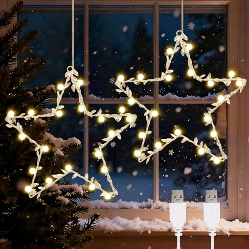 2 Stück Weihnachtsbeleuchtung für Fenster, Weihnachtsdekoration, LED Fensterdeko Weihnachtsbeleuchtung, Weihnachtsstern, Fensterlichterkette für Weihnachtsdekoration, Balkon, Party, Hochzeit