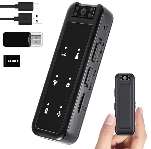Mr.ing 1080P 64GB Mini Hidden Video Camera, Video Digital Camcorder with 5HR Battery &180° Rotating Lens, Night Vision Body Camera with Video and Audio Recording