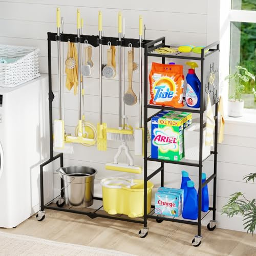 AGESISI 46 H Broom Holder with Cleaning Supplies Organizer, Mop Rack Storage with 4-Tier Shelves, 10 Gripper Clips, 4 Double-Hooks, 3 Hooks, Metal Utility Carts on Wheels for Home Essentials, Black