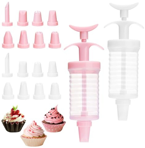 Icing Syringe and Nozzles Set, 2 Set Icing Piping Kit, Icing Syringe Set with 16pcs Plastic Piping Nozzle, Cake Decorating Kit for Cookie Cupcake Baking Lover Gift(White+Pink)