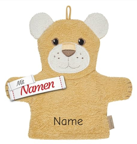 Sterntaler Waschlappen mit Namen Bestickt, Löwe Leo, Bestickt personalisiert, 100% Baumwolle, hautfreundlich, klassischer Waschhandschuh für Baby, Kita, unterwegs