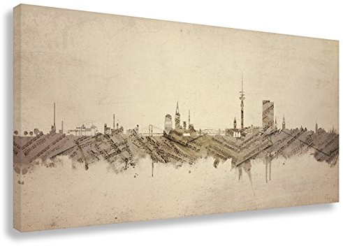 Kunstbruder Leinwandbild - Skyline Hamburg - Musiknoten (div. Größen) 3D 4cm - Streetart Kunstdruck Zimmerbild Wandbild Loungebild Wohnzimmerbild Musikbild - 80x160cm