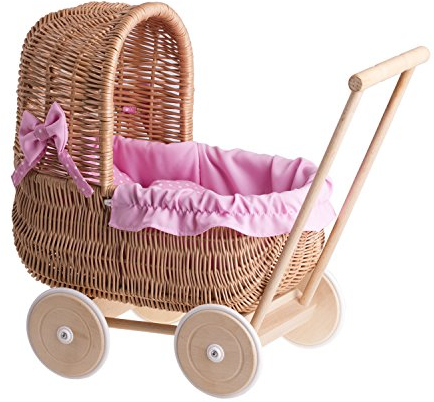 e-wicker24 Alles aus Weide Puppenwagen aus Weide mit Bettwäsche - perfekte Geschenkidee - Korbpuppenwagen, schöner Spielzeug aus Korbgeflecht (Natur, Pink)