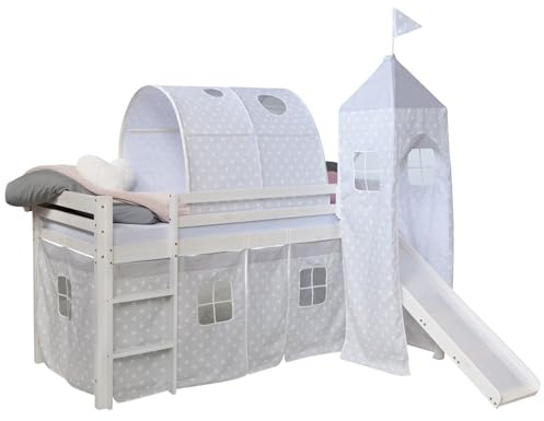 DECOSHOP26 Lit Mezzanine 90x200cm avec échelle Toboggan en Bois Blanc avec Tissu Gris étoile Tunnel et Tour LIT06182