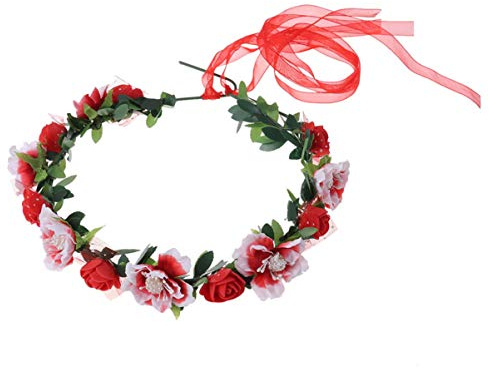 Minkissy Braut Haarkranz Frauen Mädchen Blume Stirnband grünes Blatt Blume Krone für Hochzeitsfeste (rot)