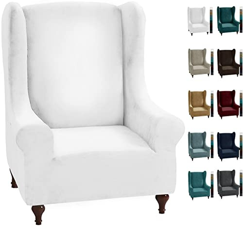 MAXIJIN Stretch Velvet Wingback Chair Slipcover 1-Piece Soft Stylish Plush Slipcovers for Wingback Chairs Thick Rich Velvet Wing Chair Cover with Elastic Bottom (Wing Chair, White)