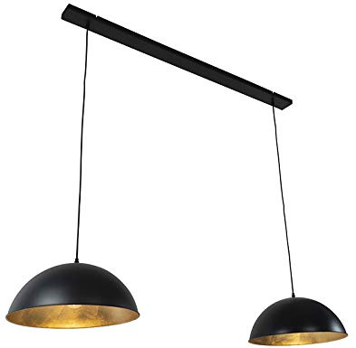 QAZQA - Industrie I Vintage I Industrie I Vintage I Hängelampe I Pendellampe I Halbrund Pendelleuchte schwarz mit Gold I Messingenen 2-flammig Lichtern - Magnax I Wohnzimmer I Schlafzimmer - Stahl Län